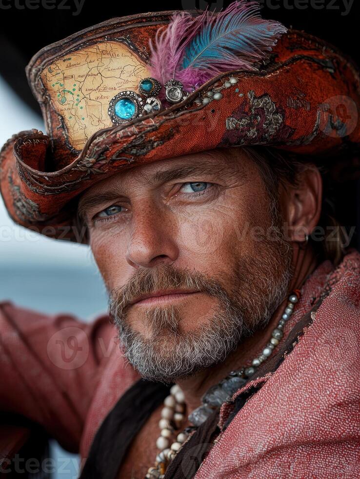 Close up portrait of a man with a weathered face and intricate hat photo