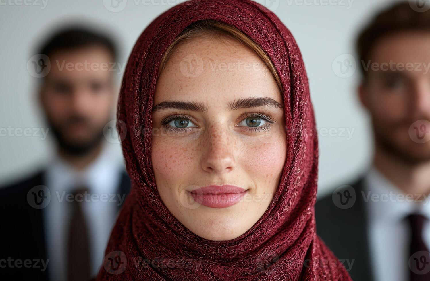 Confident businesswoman in hijab, with colleagues in the background photo