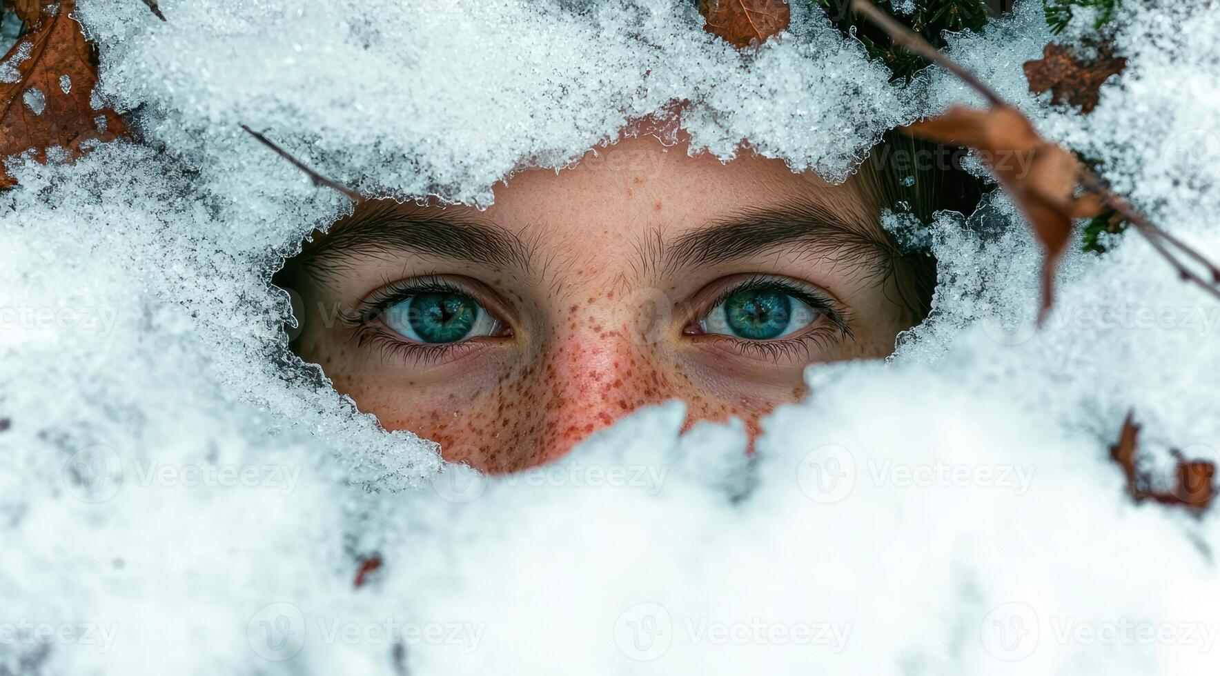Close up of a persons face peeking through the snow photo