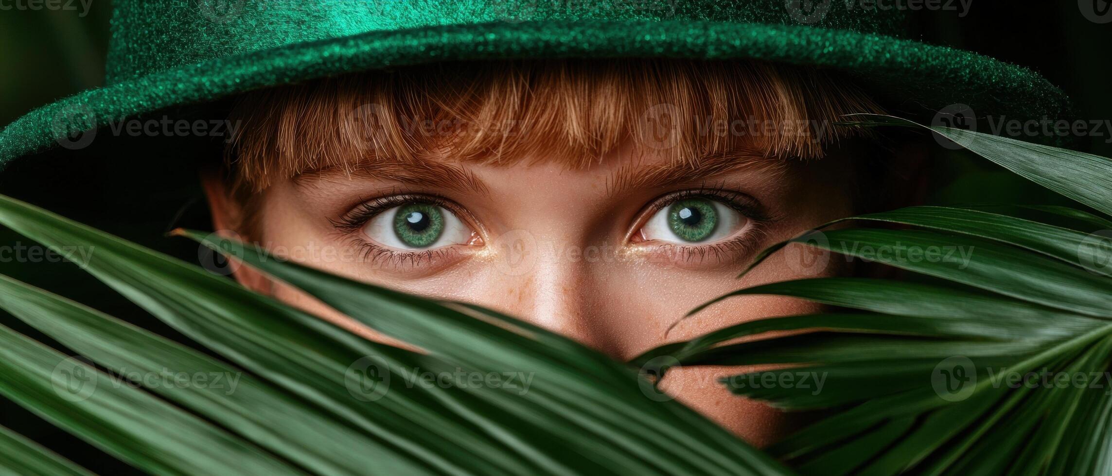 Woman with green eyes hiding behind tropical leaves photo