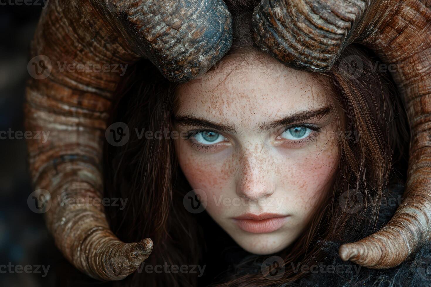 Portrait of a young woman with horns, fantasy art photo