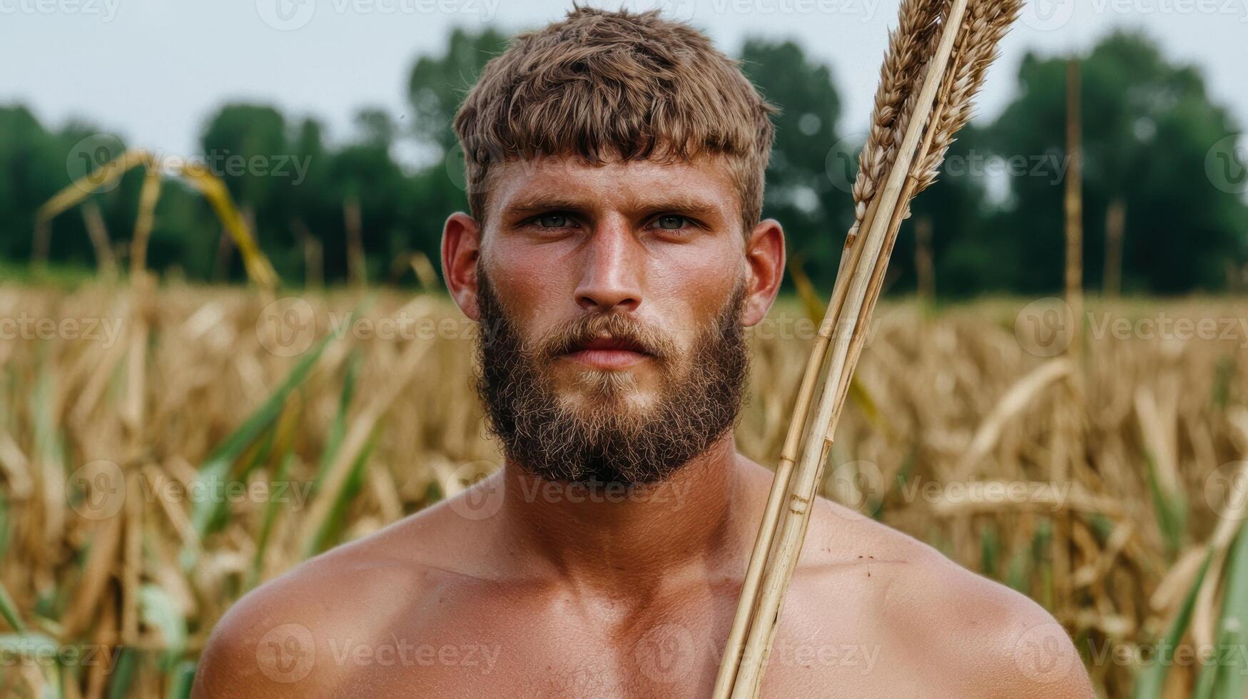 Handsome farmer standing in a field of corn photo