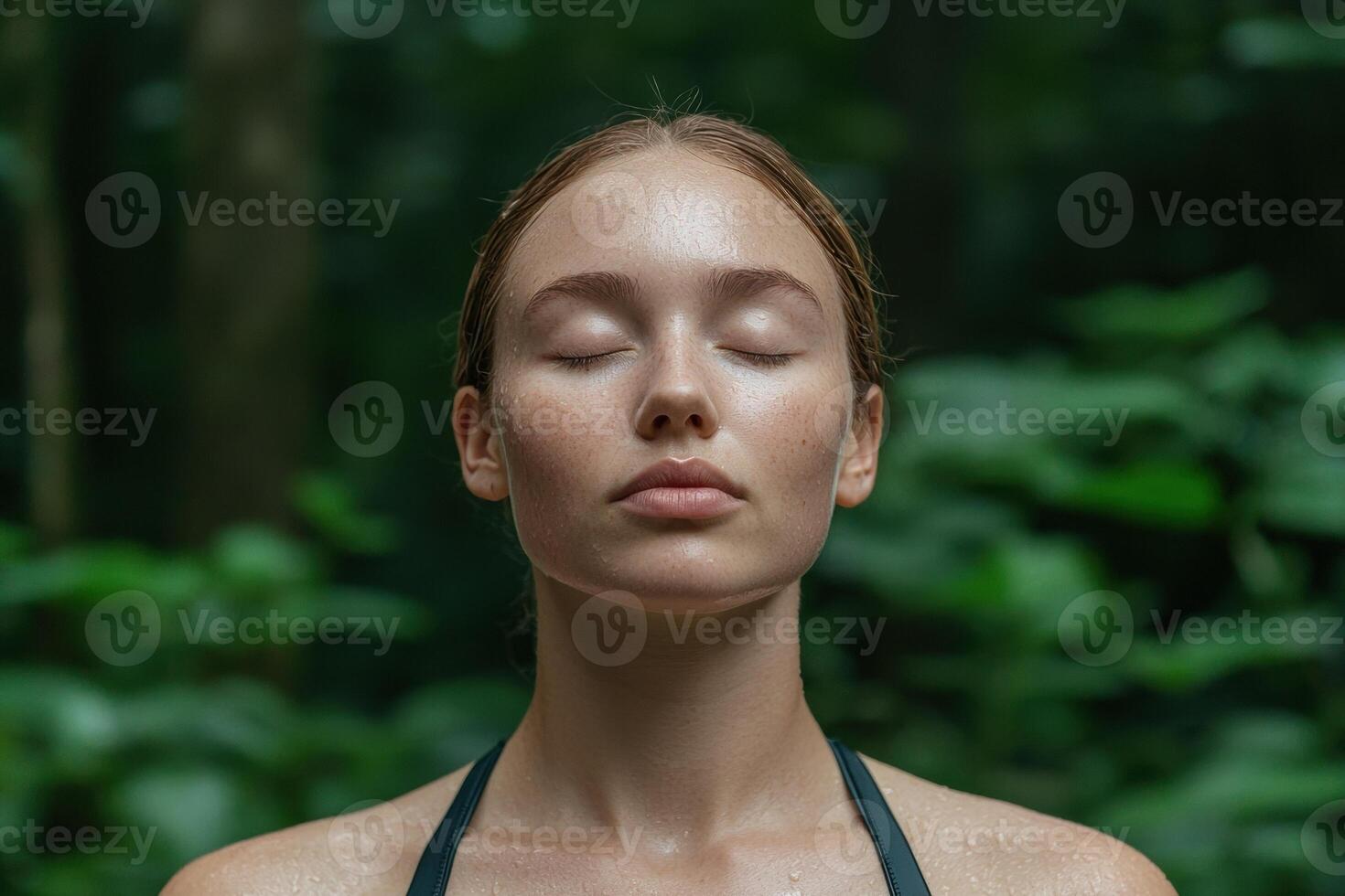 Woman meditating in nature, eyes closed, peaceful expression photo
