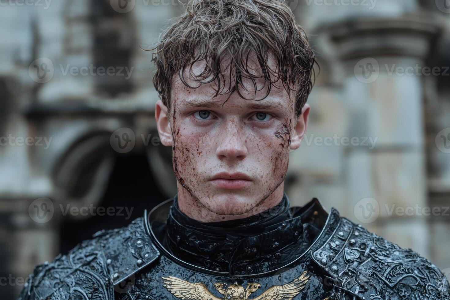 Portrait of a young warrior covered in mud and blood photo