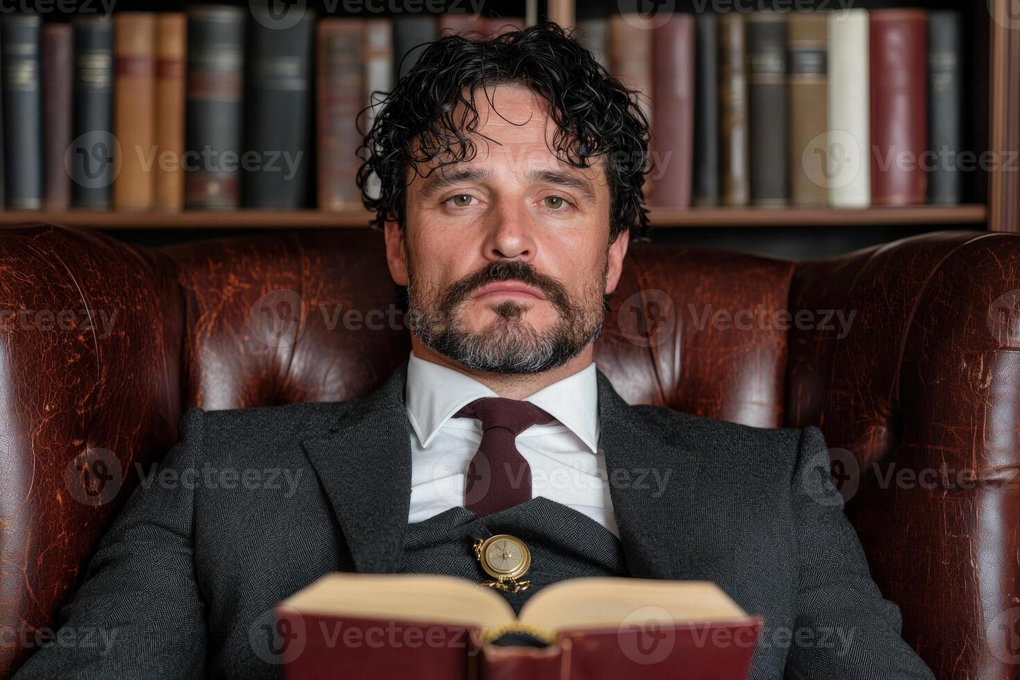 Portrait of a man in a suit sitting in a leather armchair reading a book photo