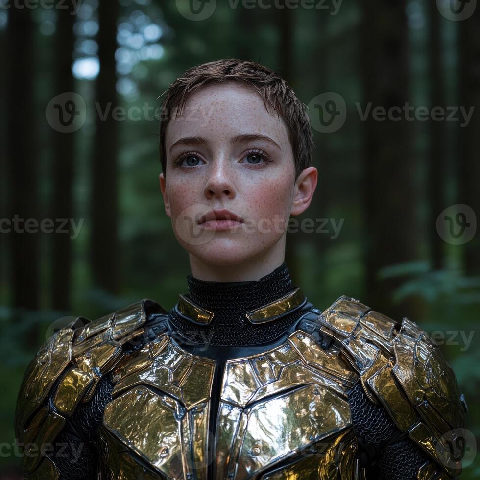 Young woman in futuristic gold armor stands in a forest photo
