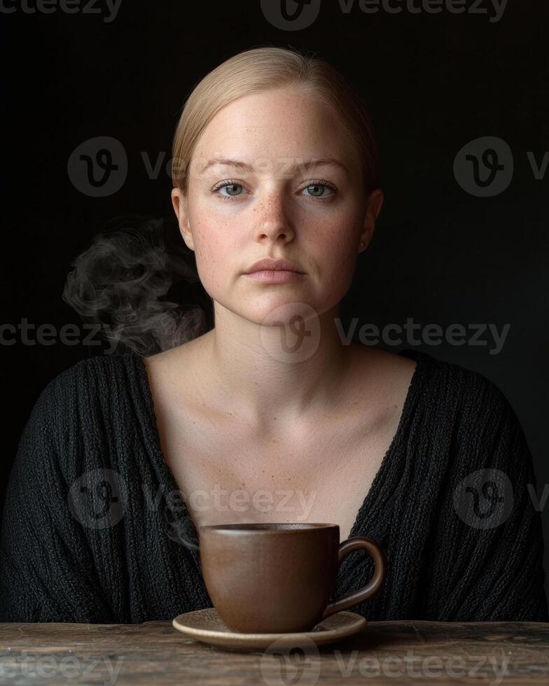 Woman with freckles drinking coffee photo
