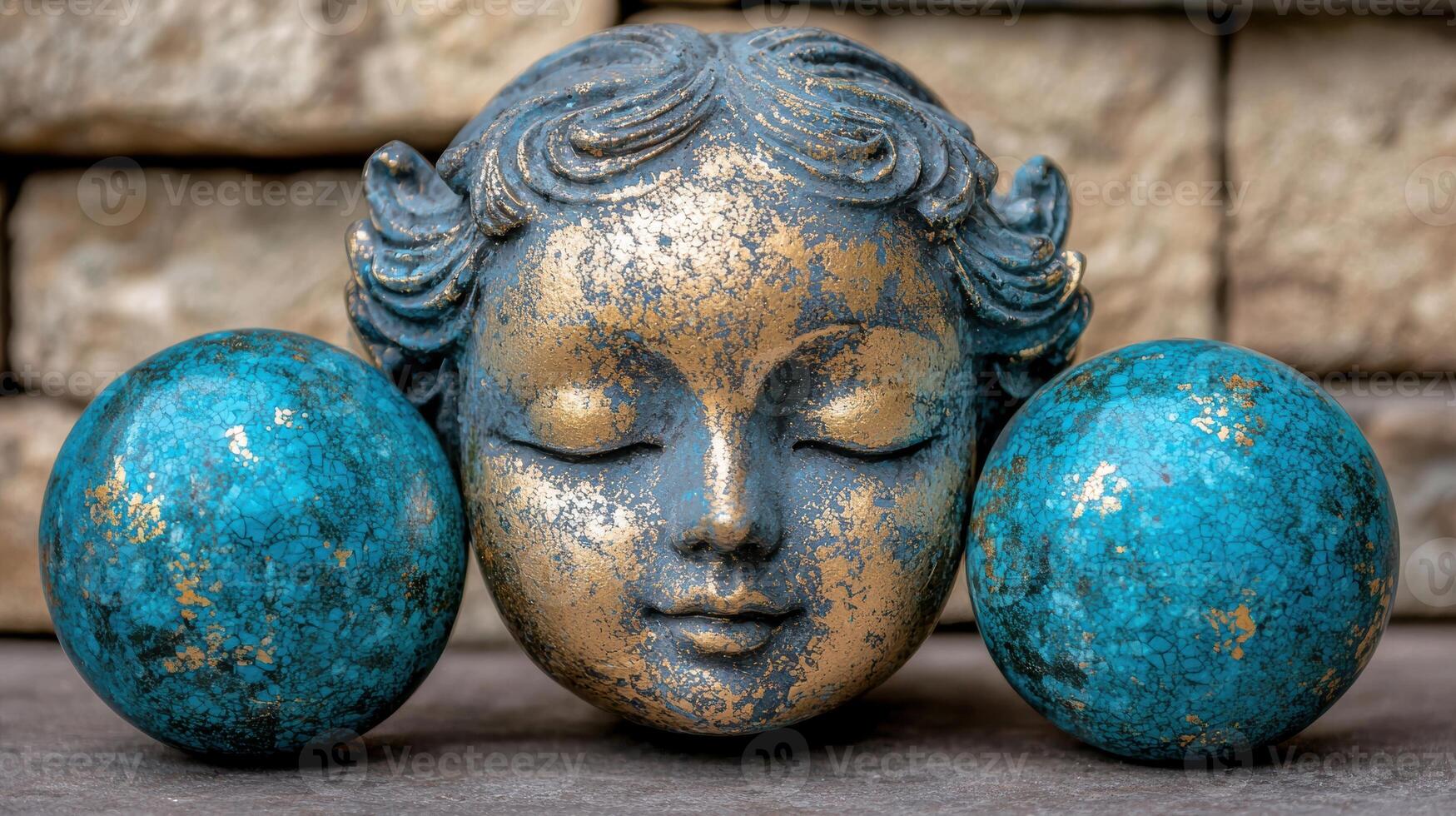 Serene face statue with turquoise spheres photo