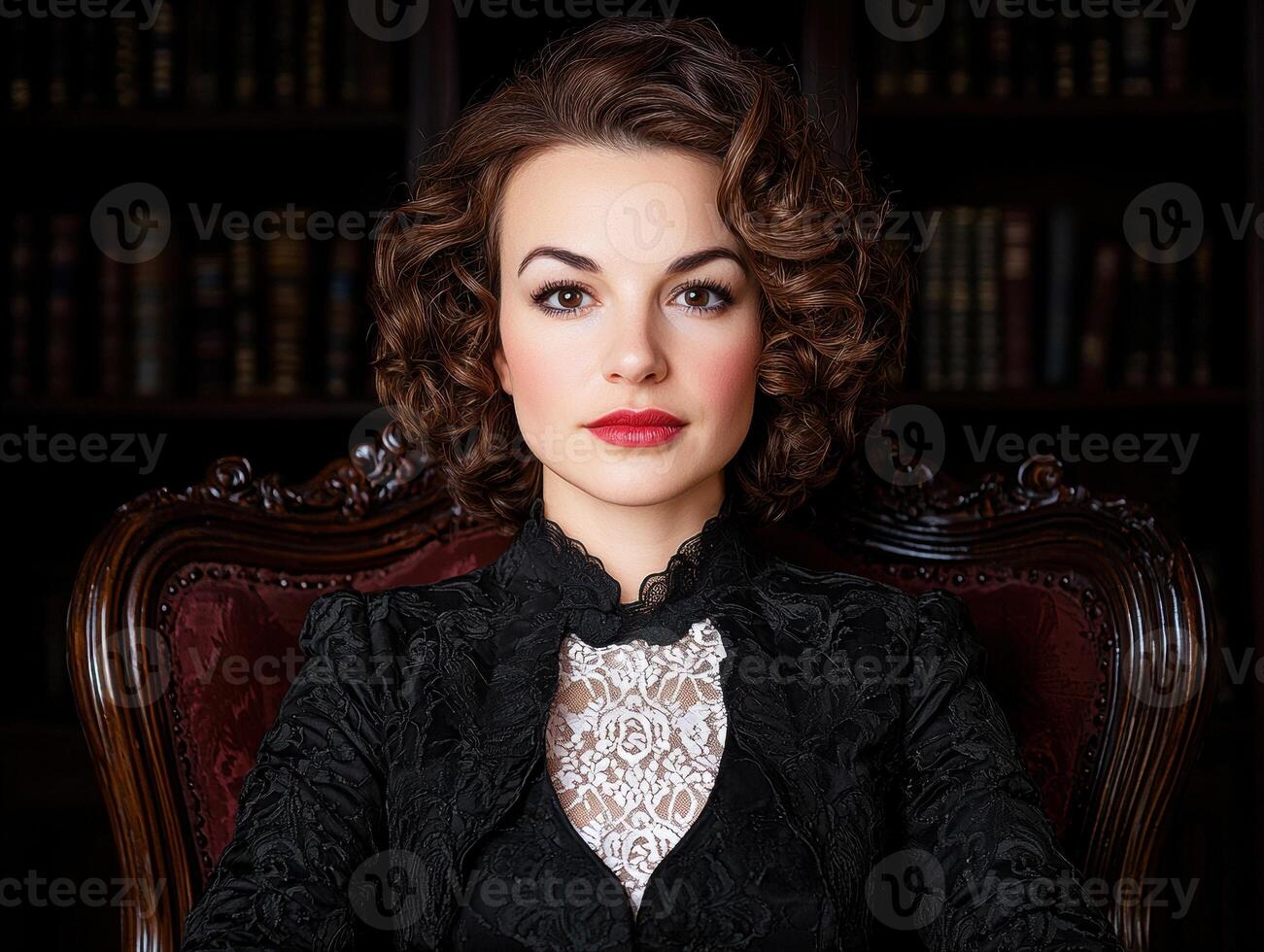 Portrait of a woman in a vintage dress sitting in an armchair photo