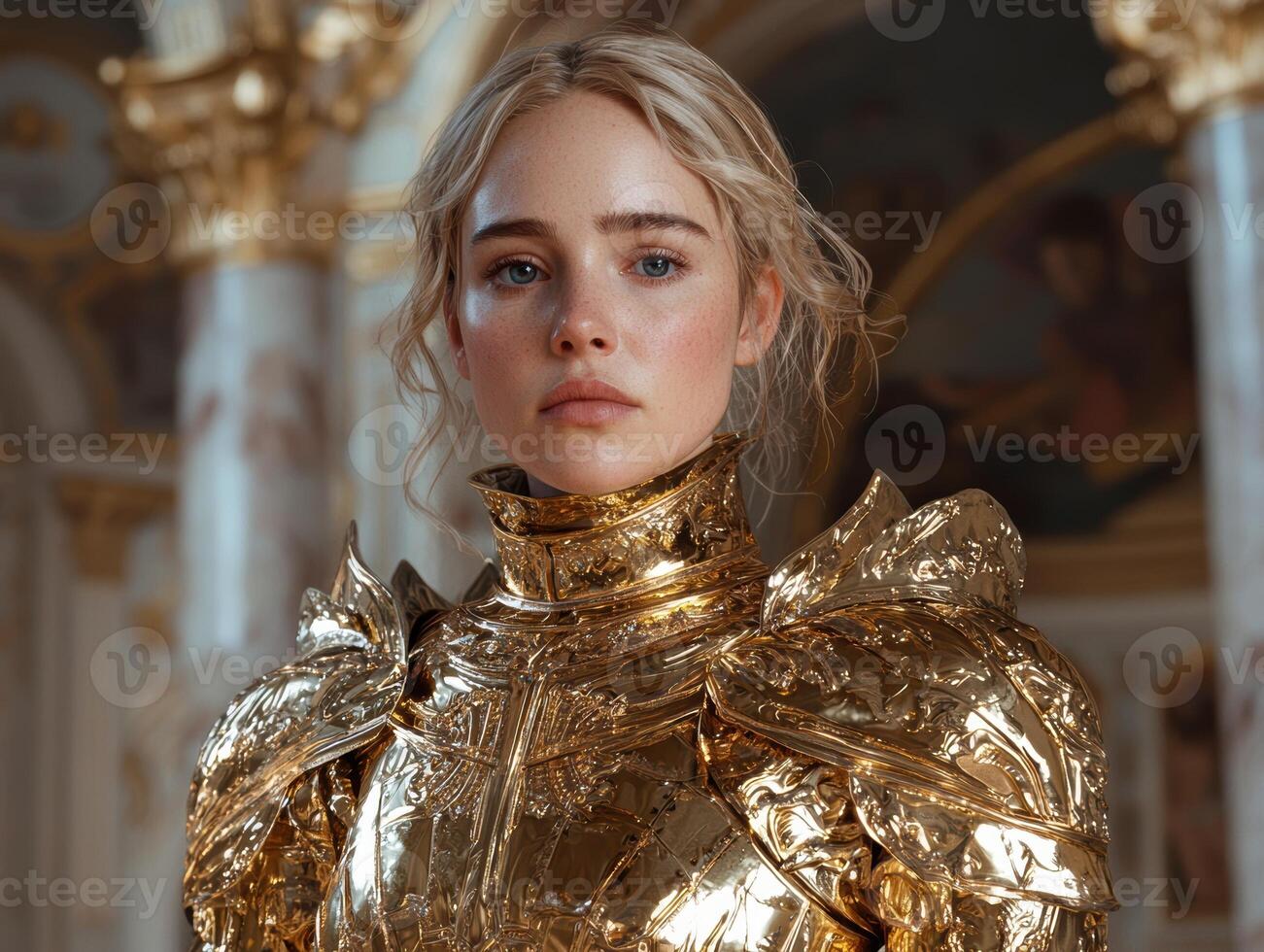 Portrait of a blonde woman in golden armor photo