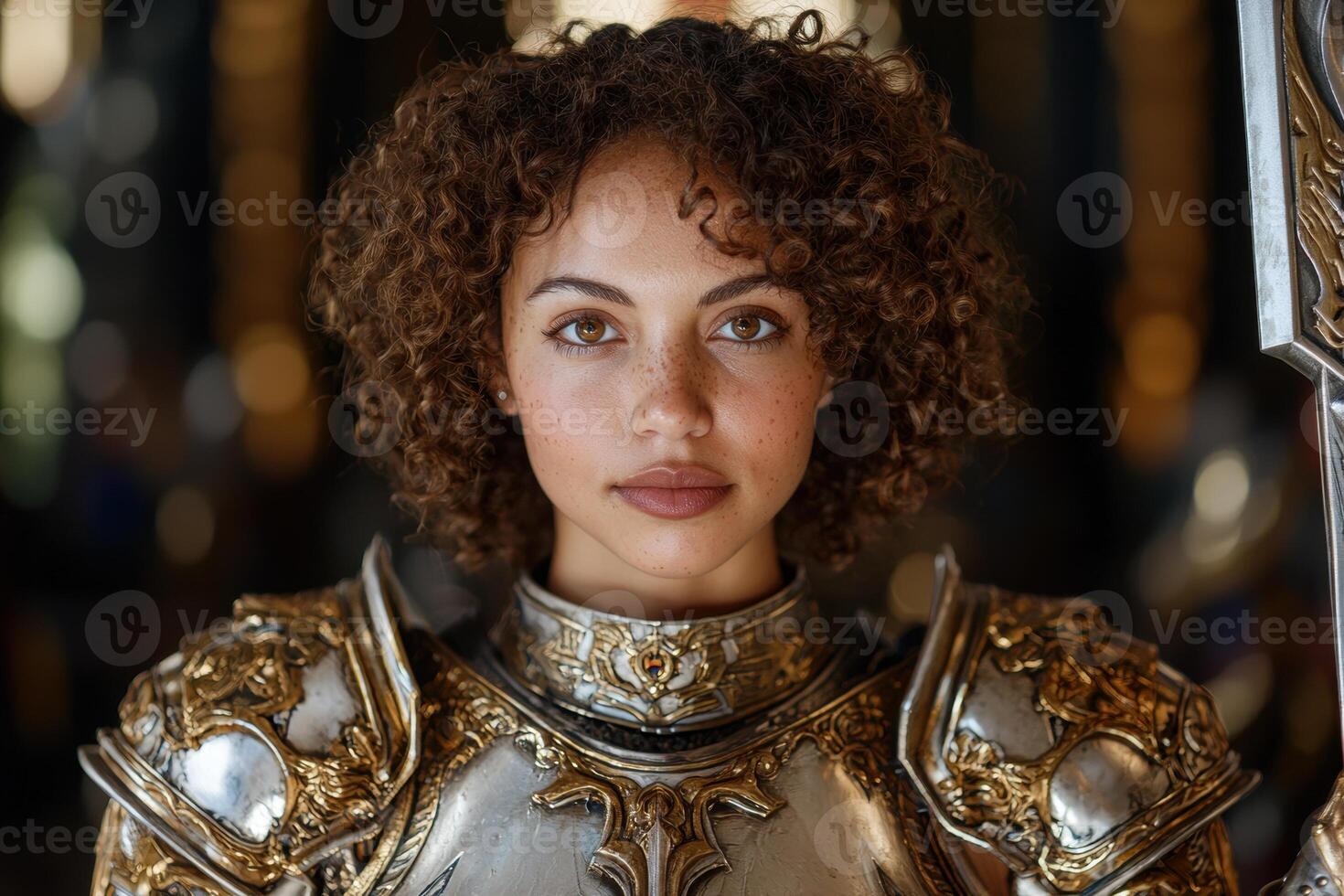 Portrait of a female warrior in shining armor photo