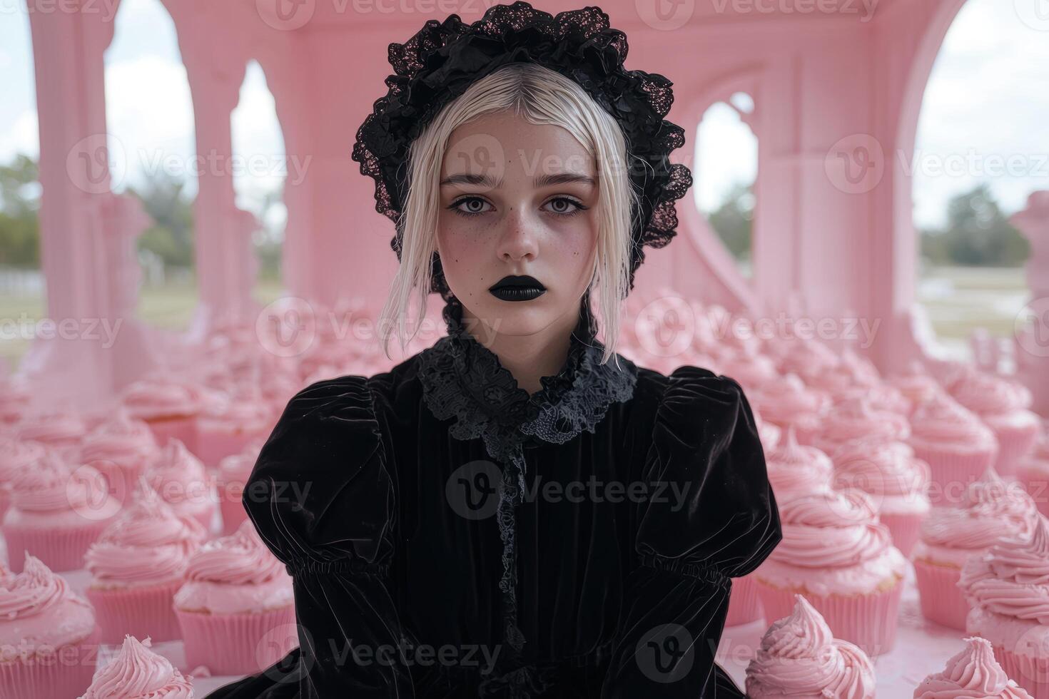 Gothic girl in black dress surrounded by pink cupcakes photo