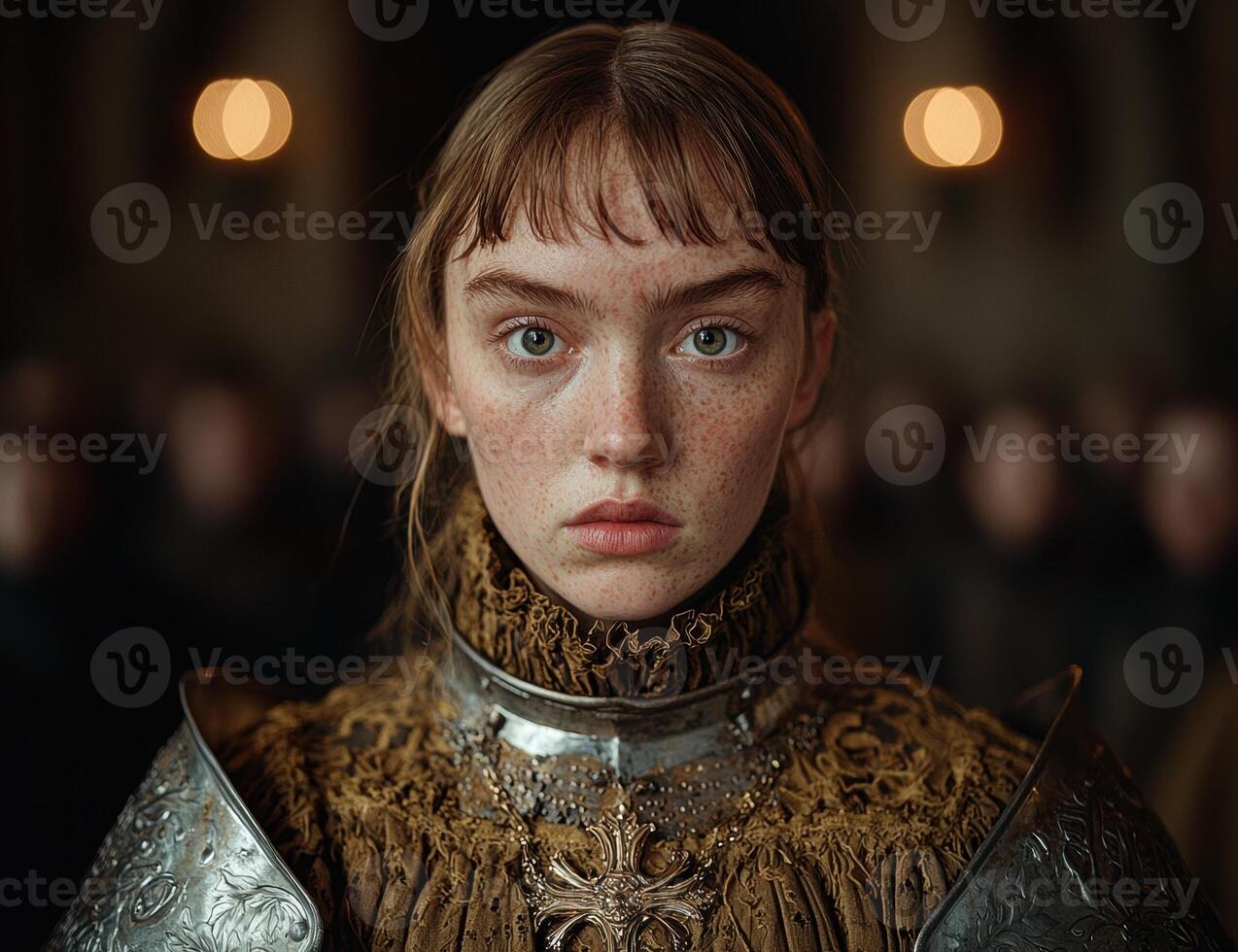 Young woman in medieval armor, portrait. photo