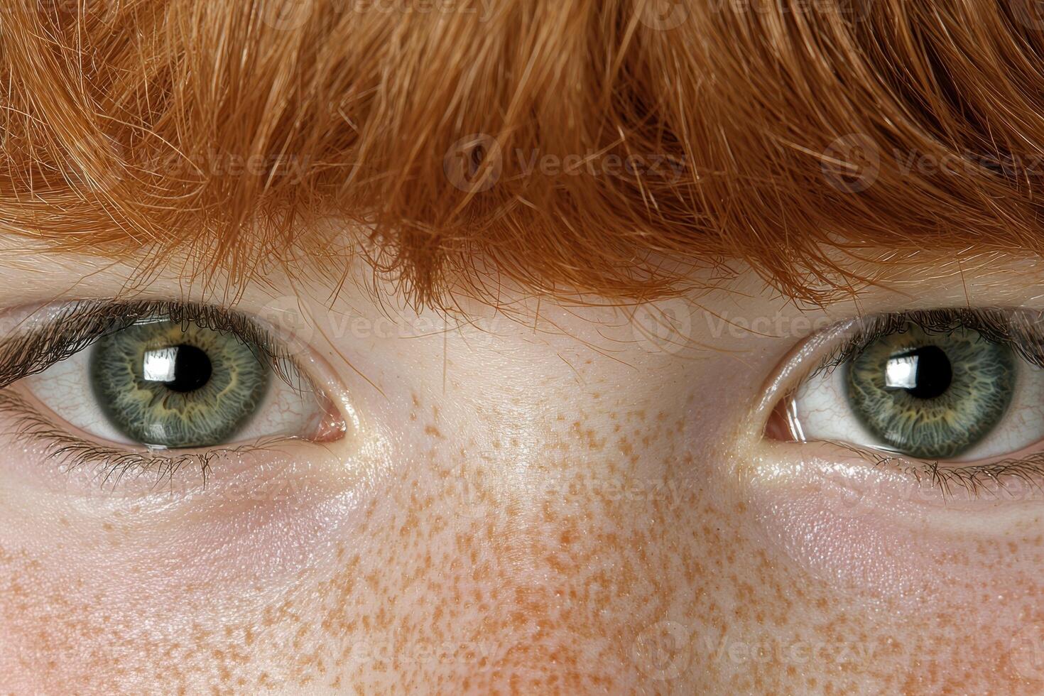 Close up of a childs face with freckles and green eyes photo