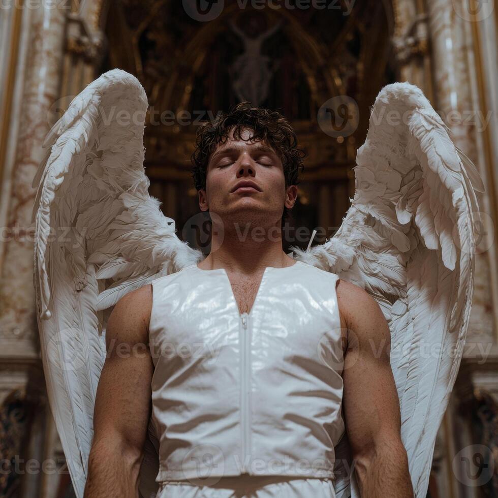 Serene angel with large white wings in a church photo