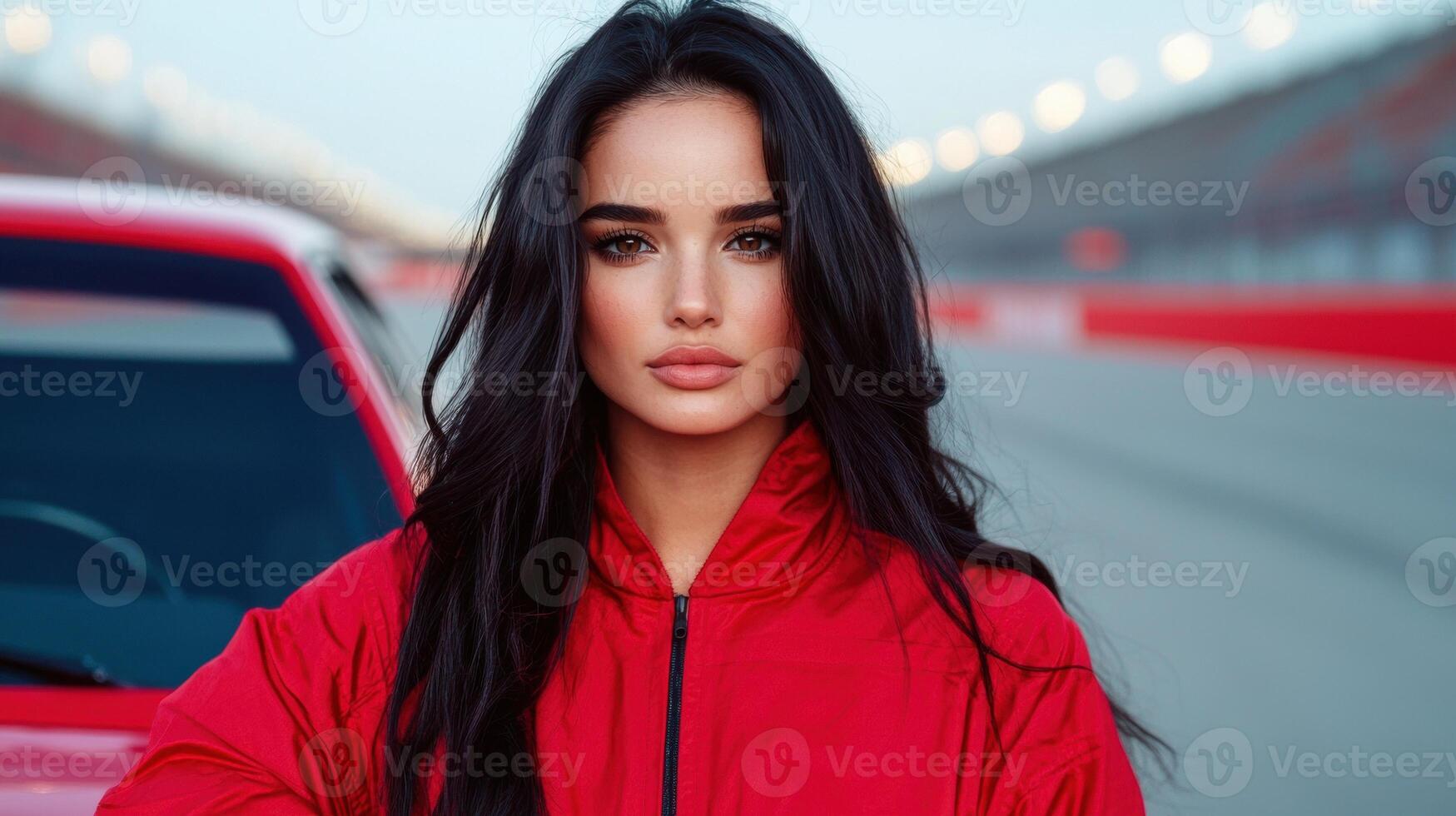 Beautiful woman in red jacket posing near a red car photo