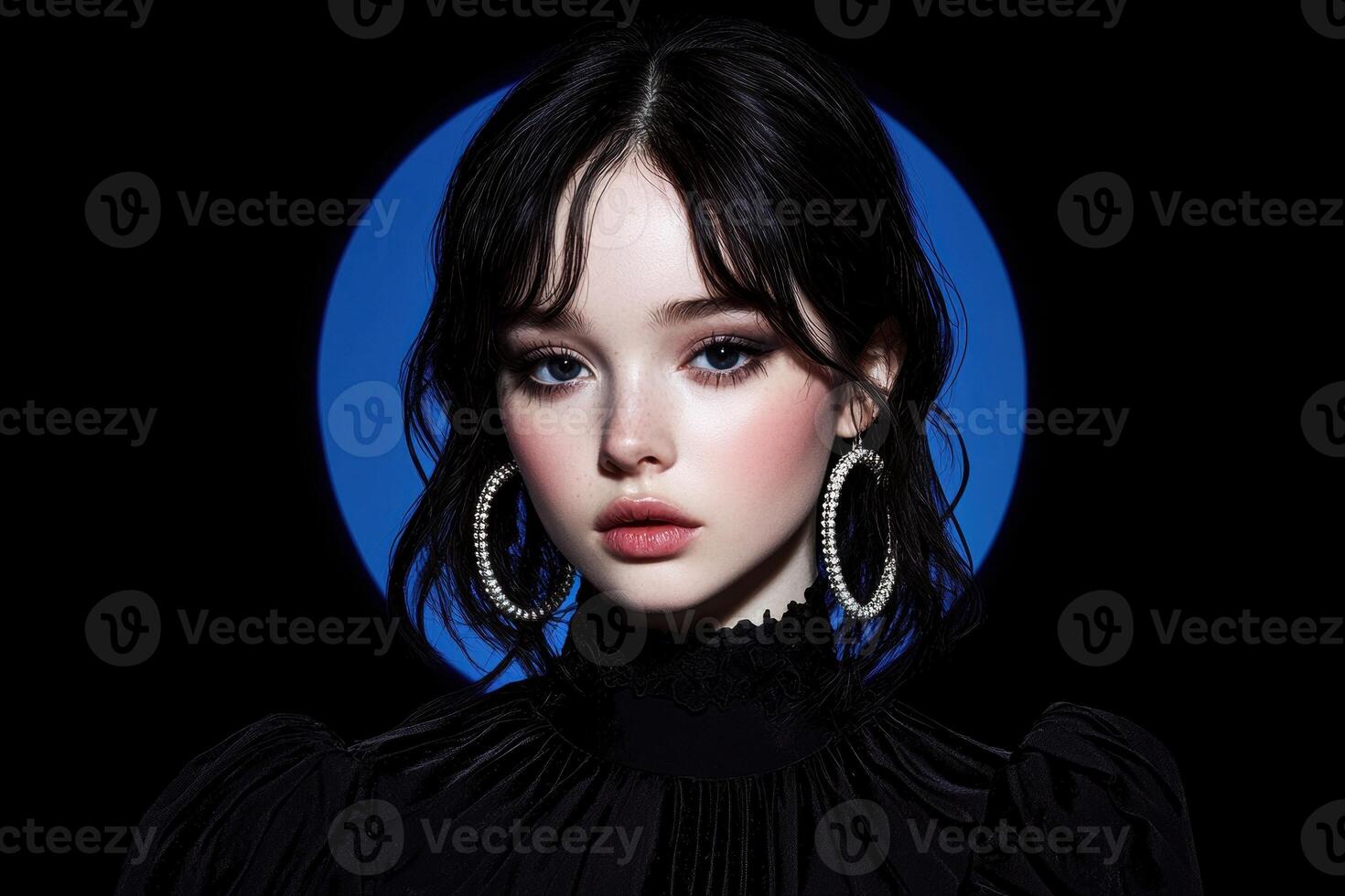 Portrait of a young woman with dark hair and hoop earrings against a blue background photo