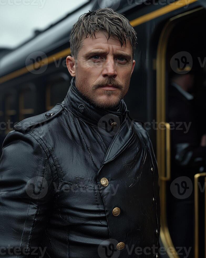 Portrait of a man in a black leather jacket standing in front of a train photo
