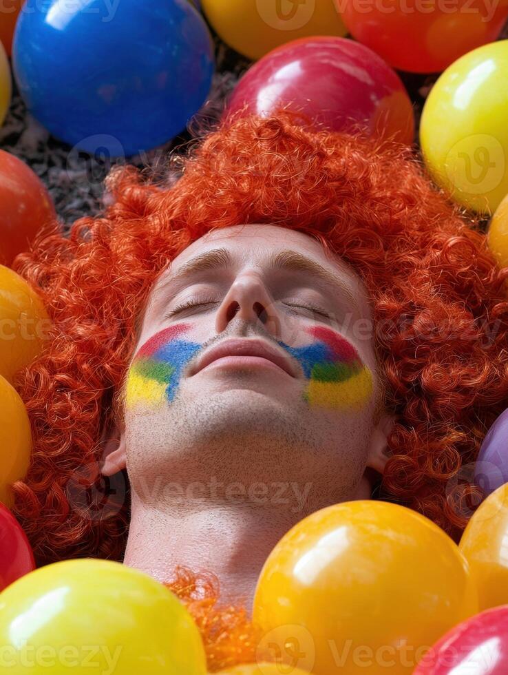 Man with orange wig surrounded by colorful balloons photo