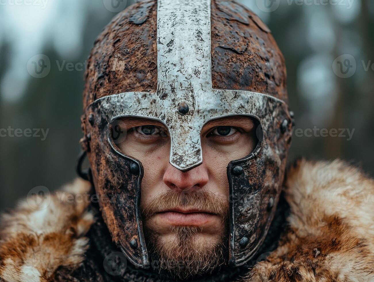 Close up portrait of a medieval warrior in rusty helmet photo