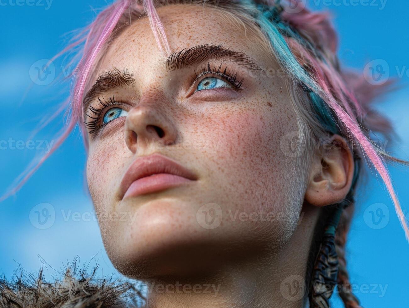Close up portrait of a young woman with pink and blue hair, looking up photo