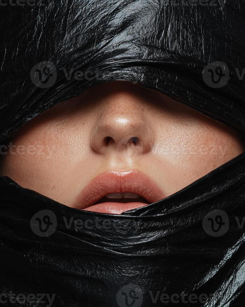 Close up of a womans face partially covered by black leather, mysterious and sensual photo