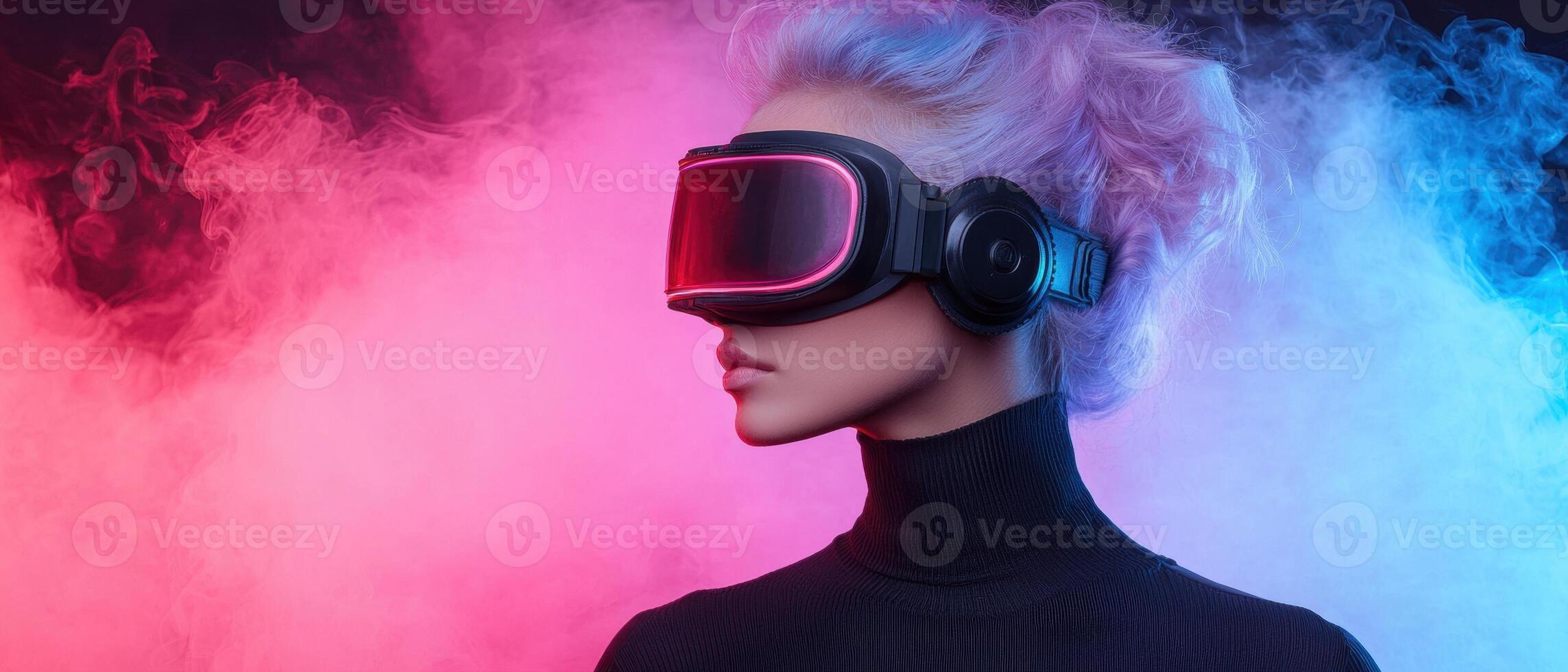 Woman in futuristic VR headset in neon light photo