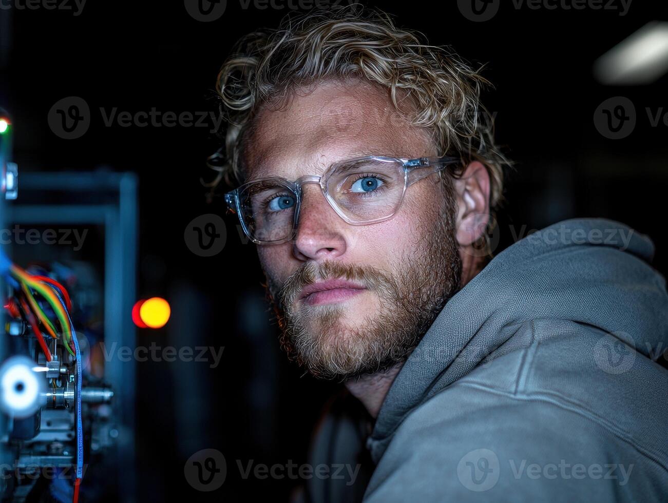 Focused young male engineer working on complex machinery in a dark industrial setting photo