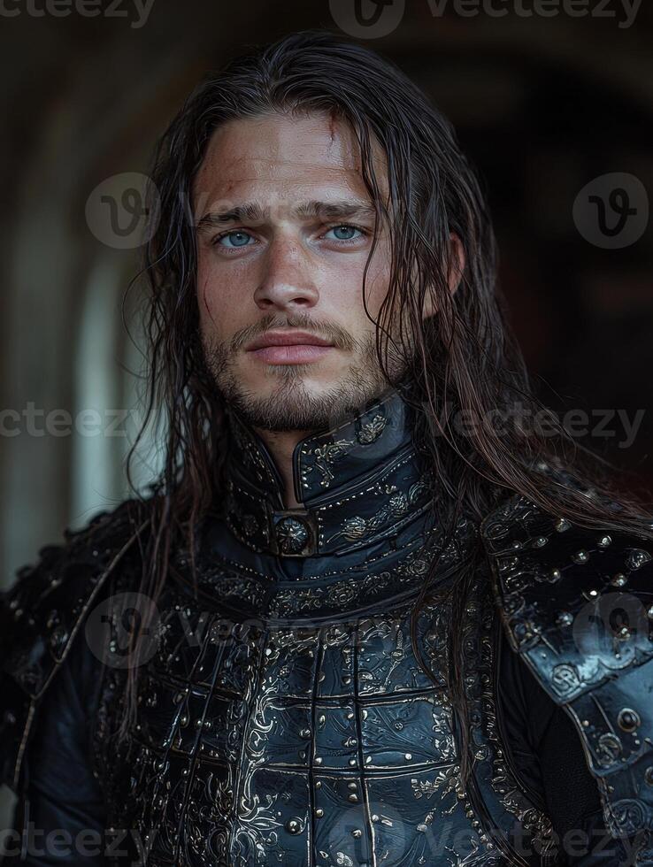 Portrait of a medieval warrior with long hair and ornate armor photo
