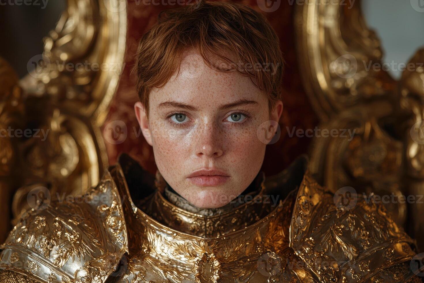 Young woman in golden armor sits on a throne photo