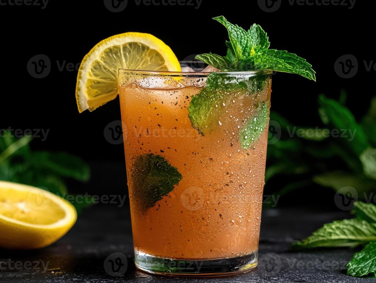 Refreshing summer cocktail topped with lemon and mint photo