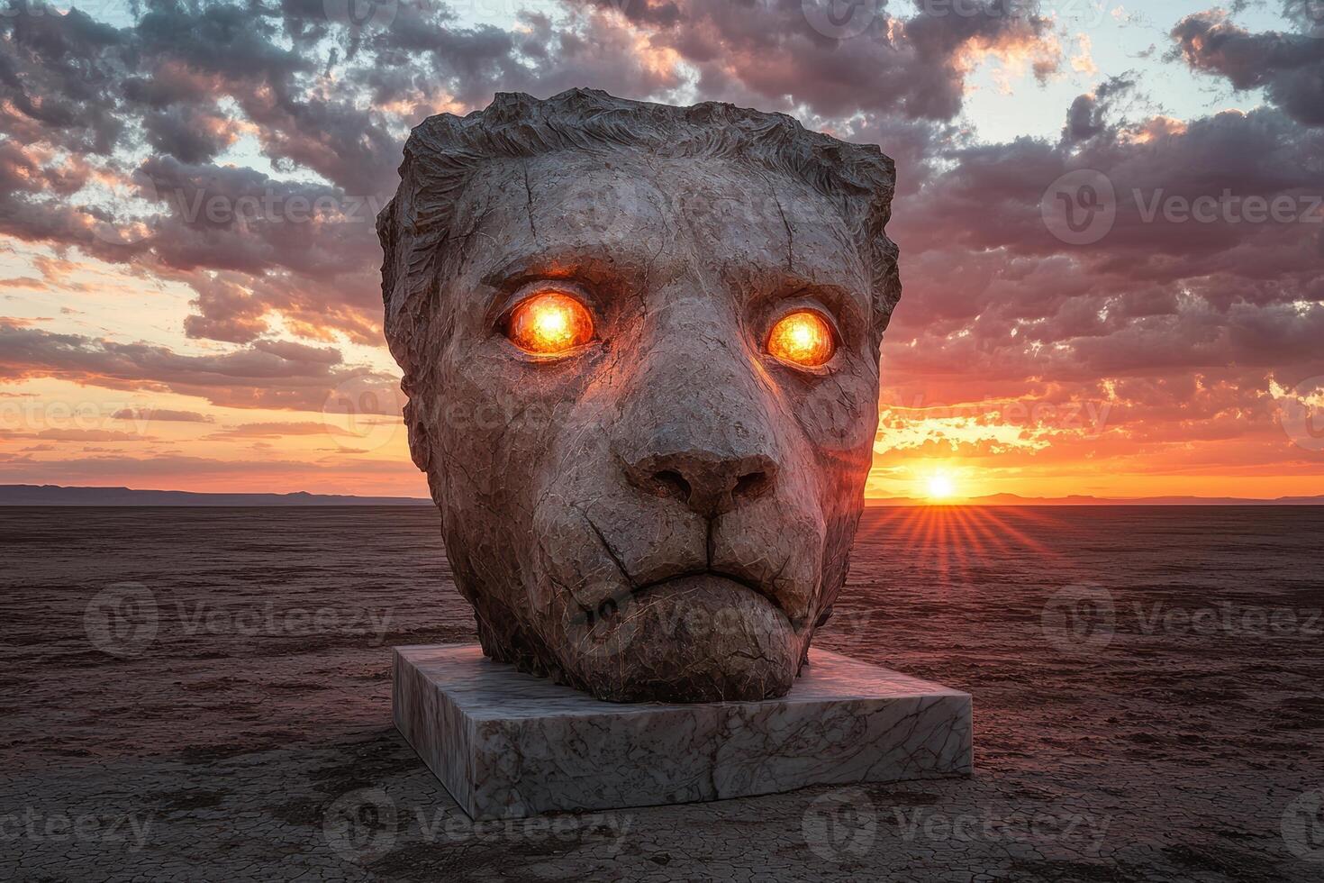 Stone lion head sculpture with glowing eyes at sunset in the desert photo