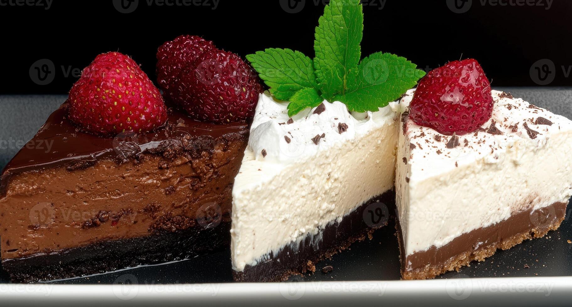 Delicious chocolate and vanilla cheesecakes with fresh strawberries photo