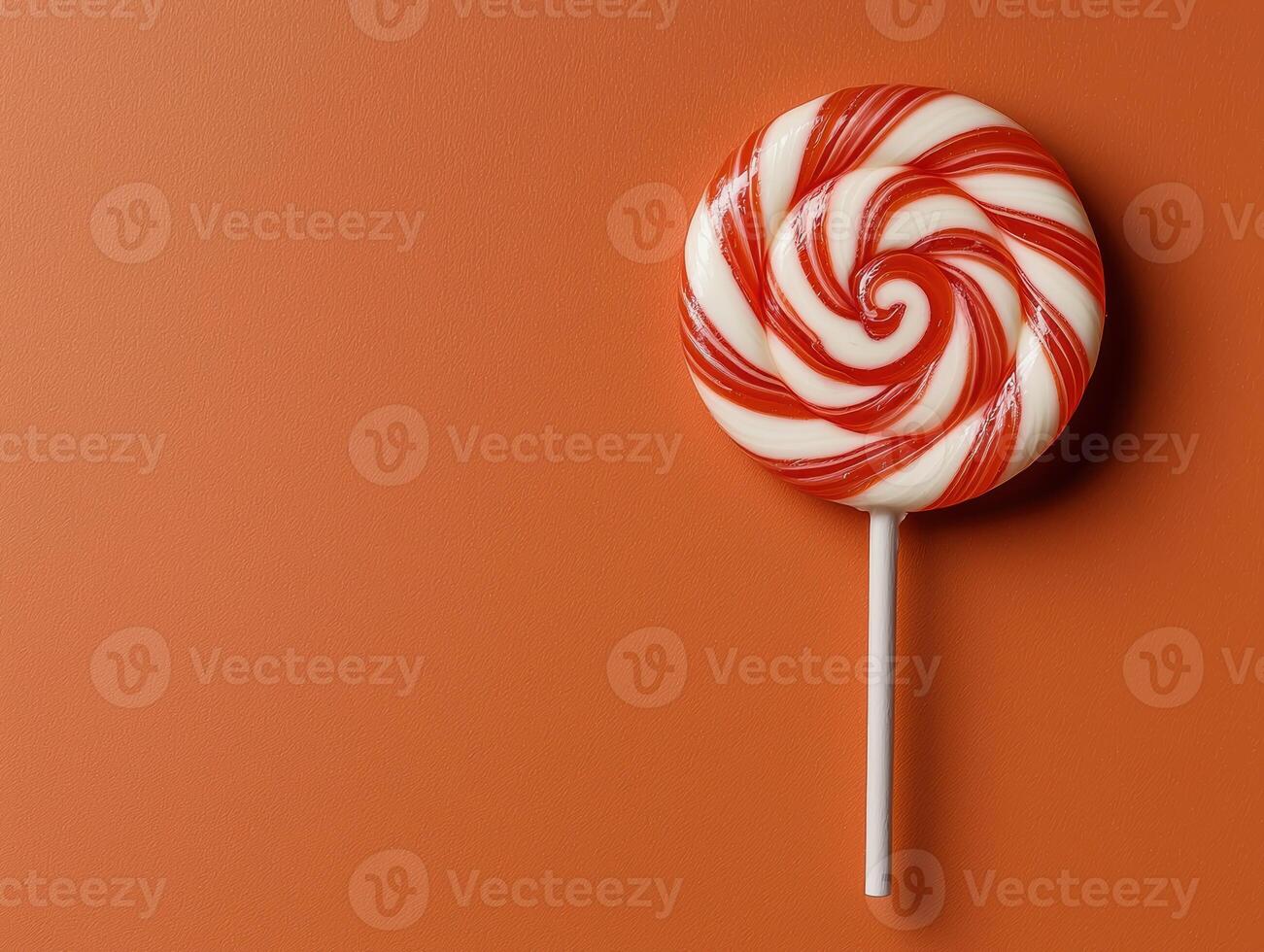 Red and white swirl lollipop on orange background. photo