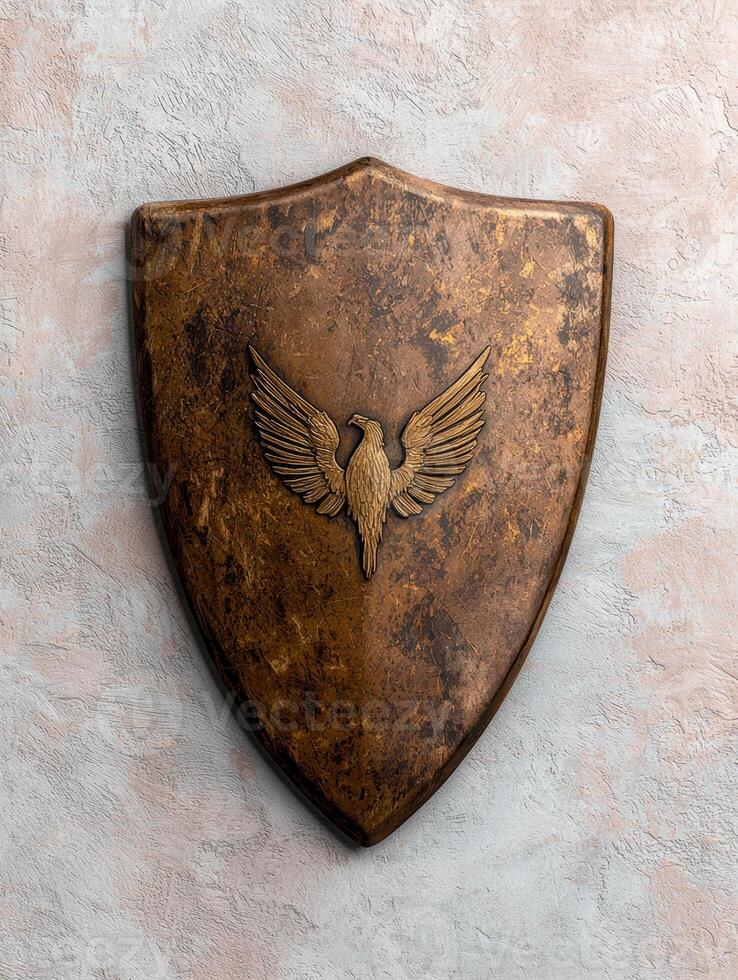 Ornate bronze shield with eagle emblem on textured background photo