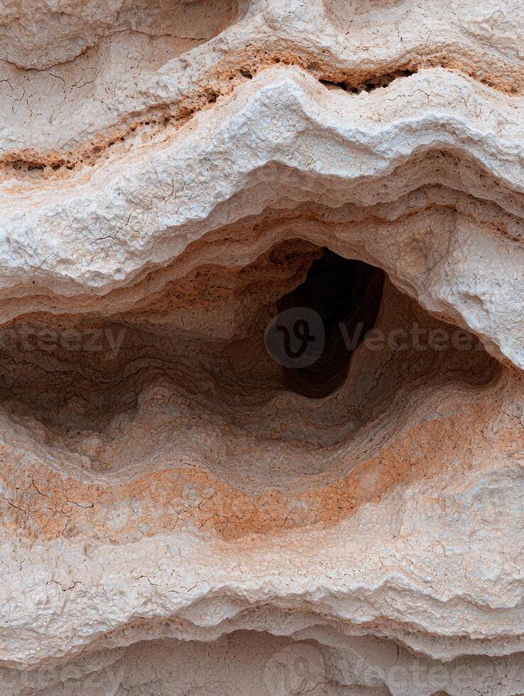 Close up of a textured rock formation with a cave like opening photo