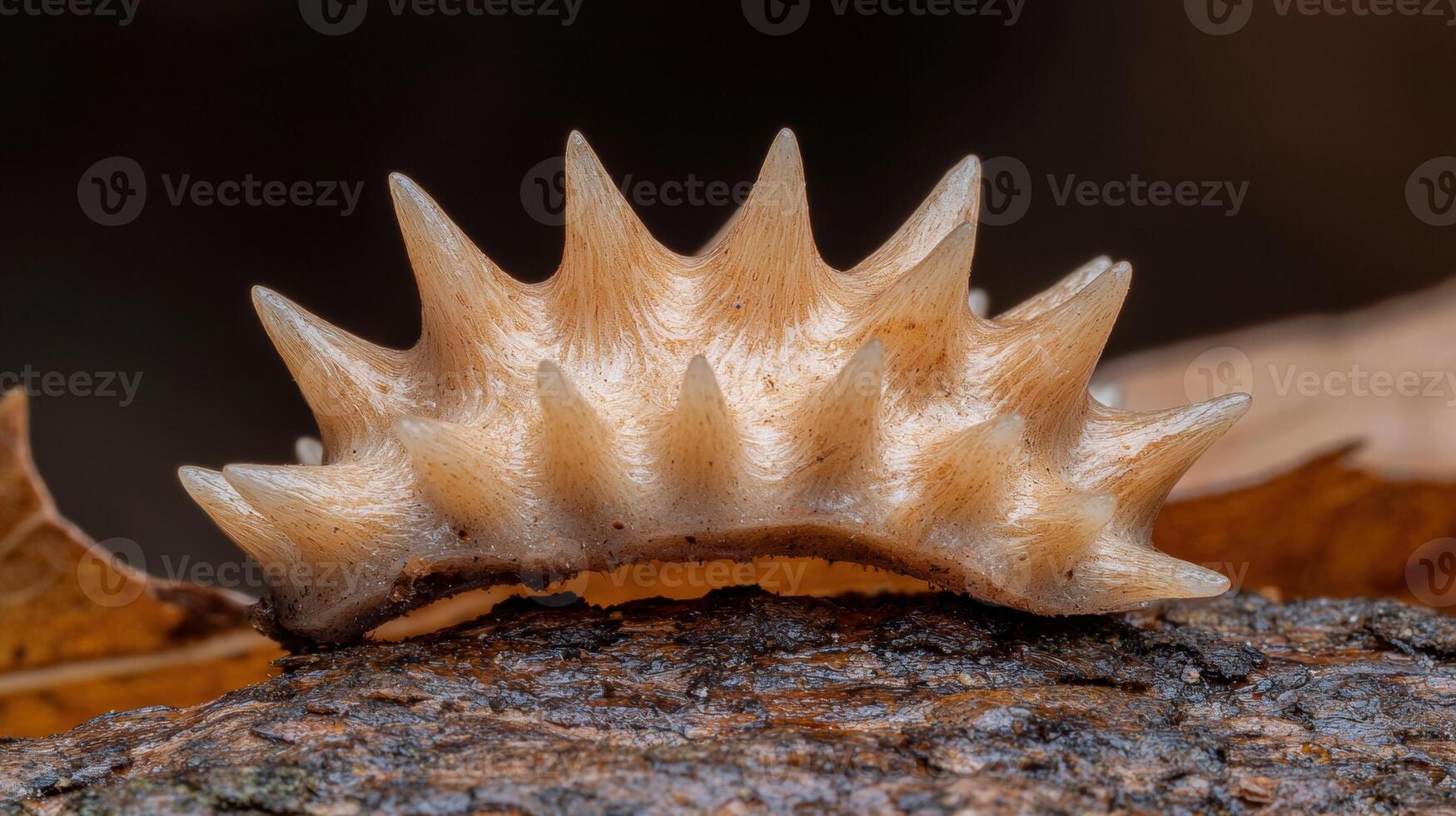 Close up of a unique mushroom with spiky, light brown cap on a dark brown log photo