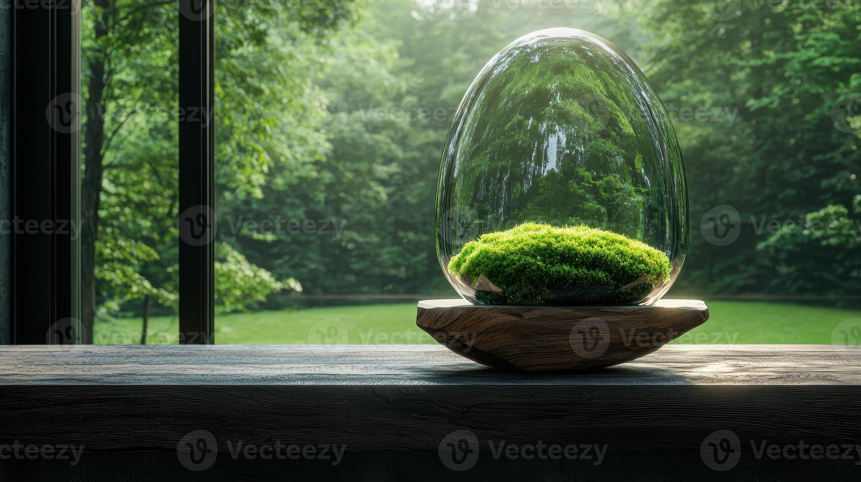 Glass terrarium with moss on wooden base, near window with green nature view photo