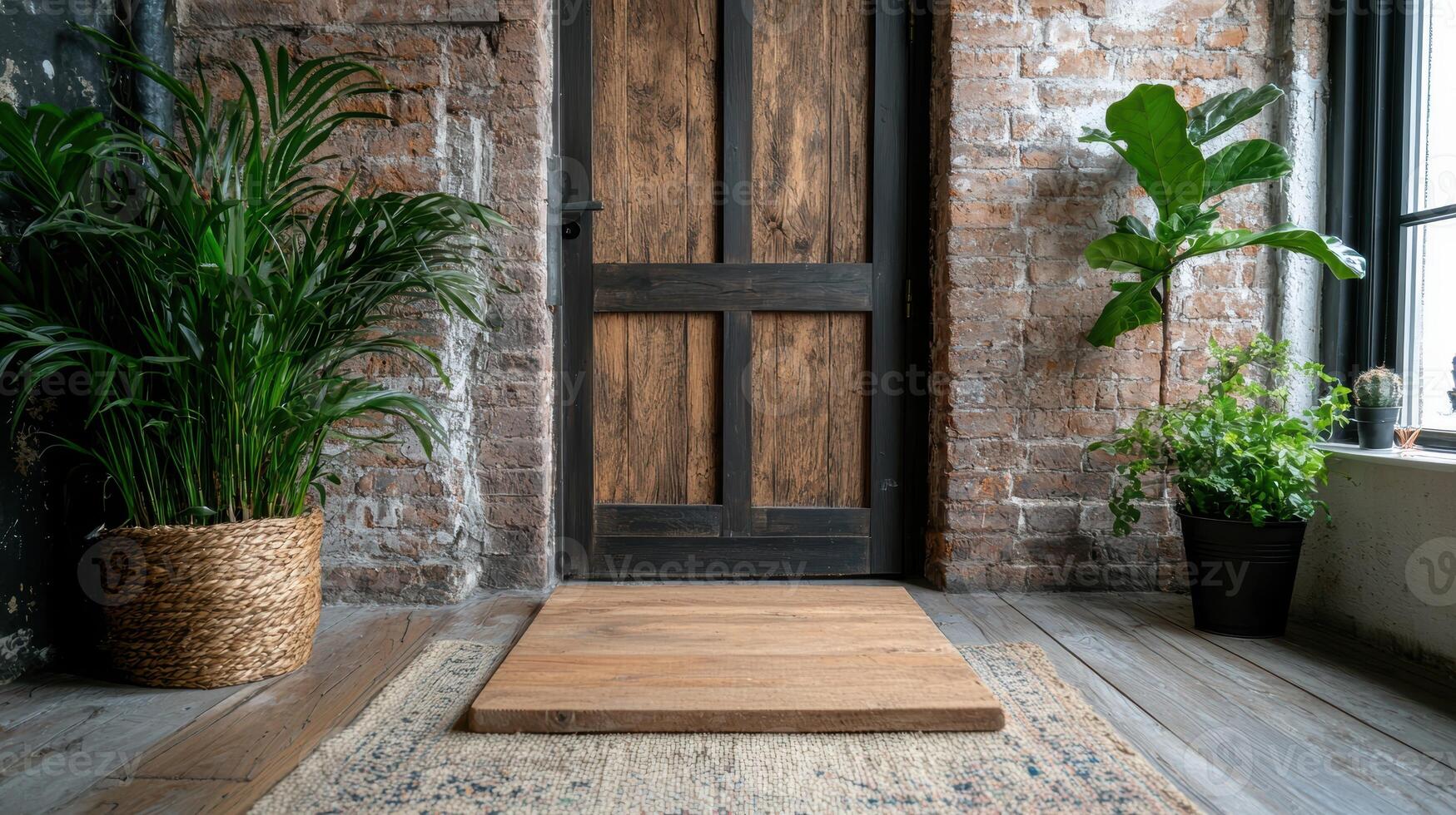 Wooden door mat in front of rustic wooden door in industrial interior photo