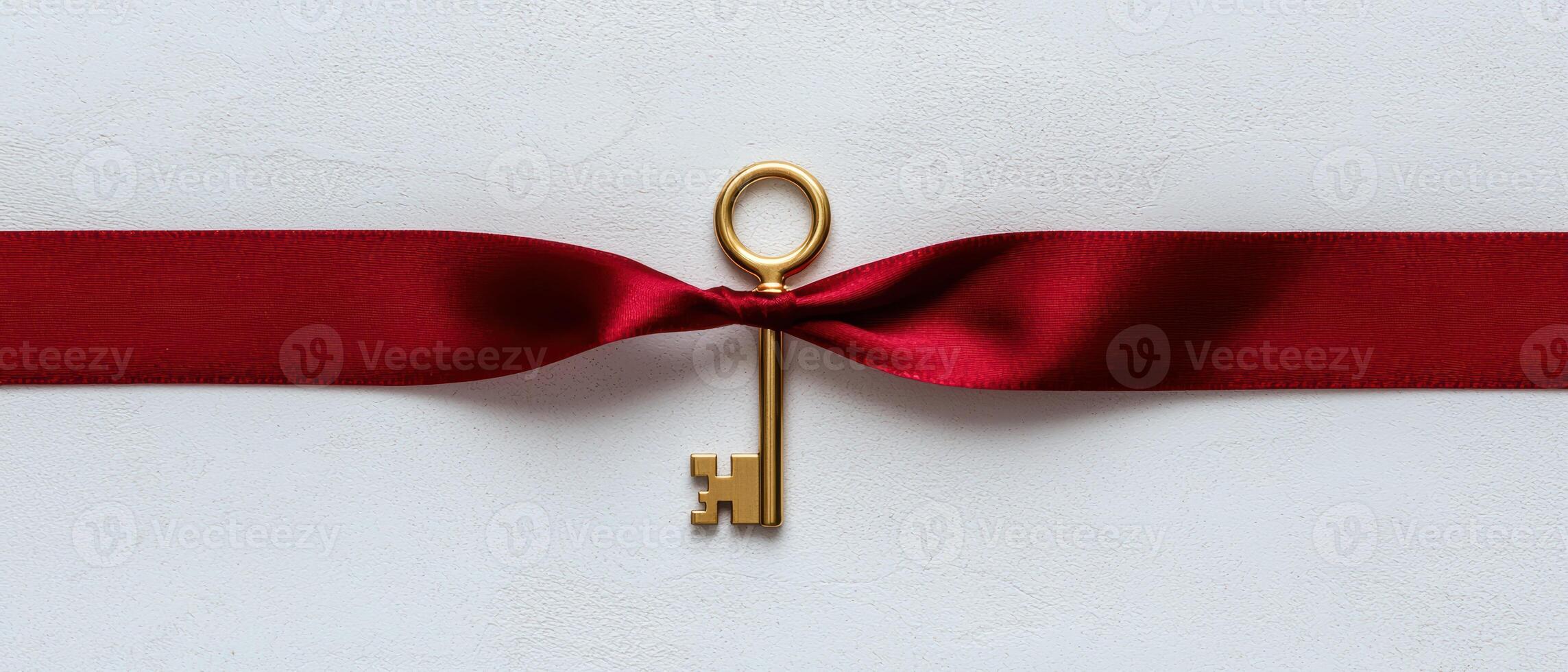 Golden key tied with a red ribbon on a white background photo