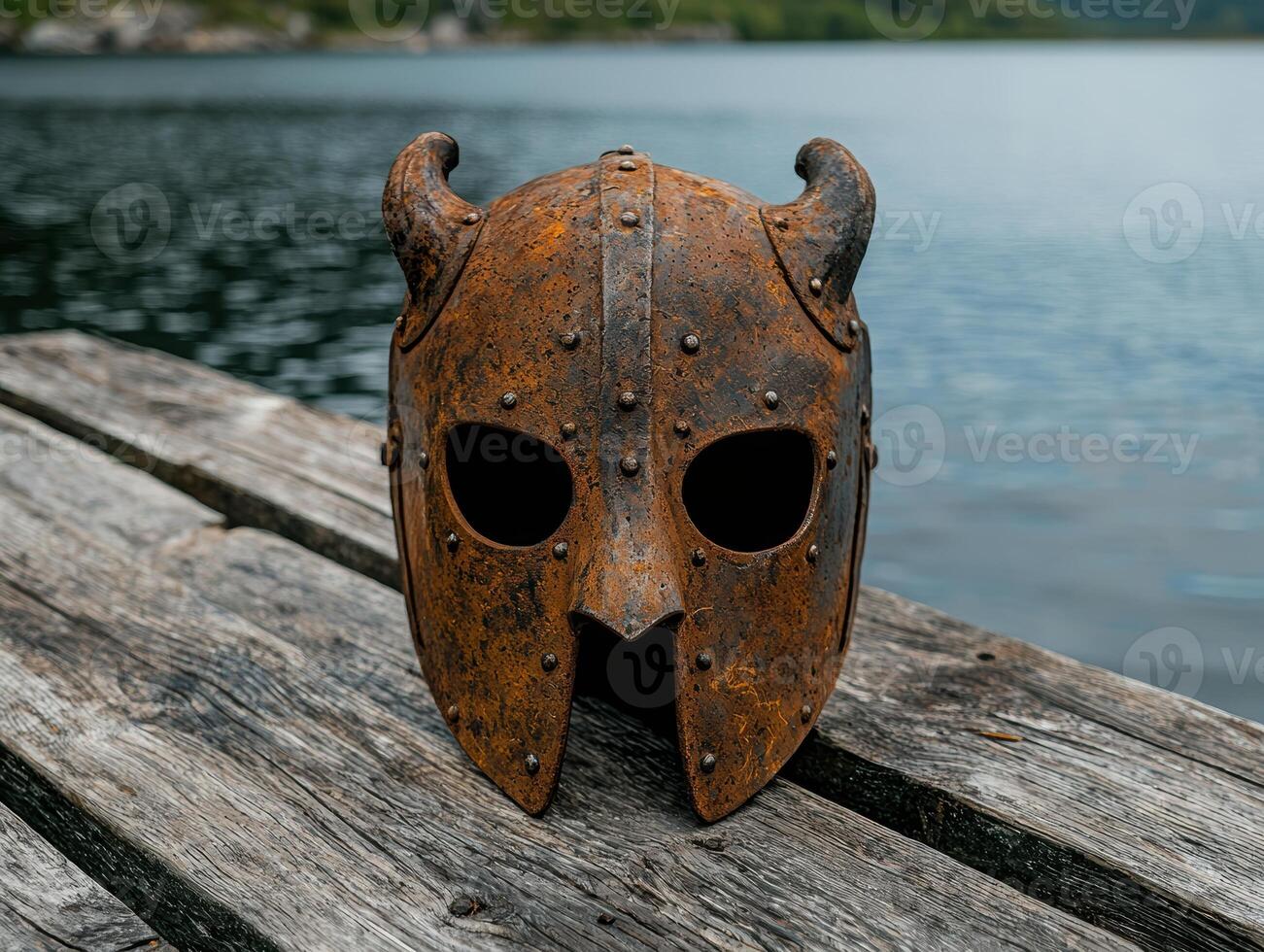 Rusty medieval helmet with horns on wooden surface near water photo