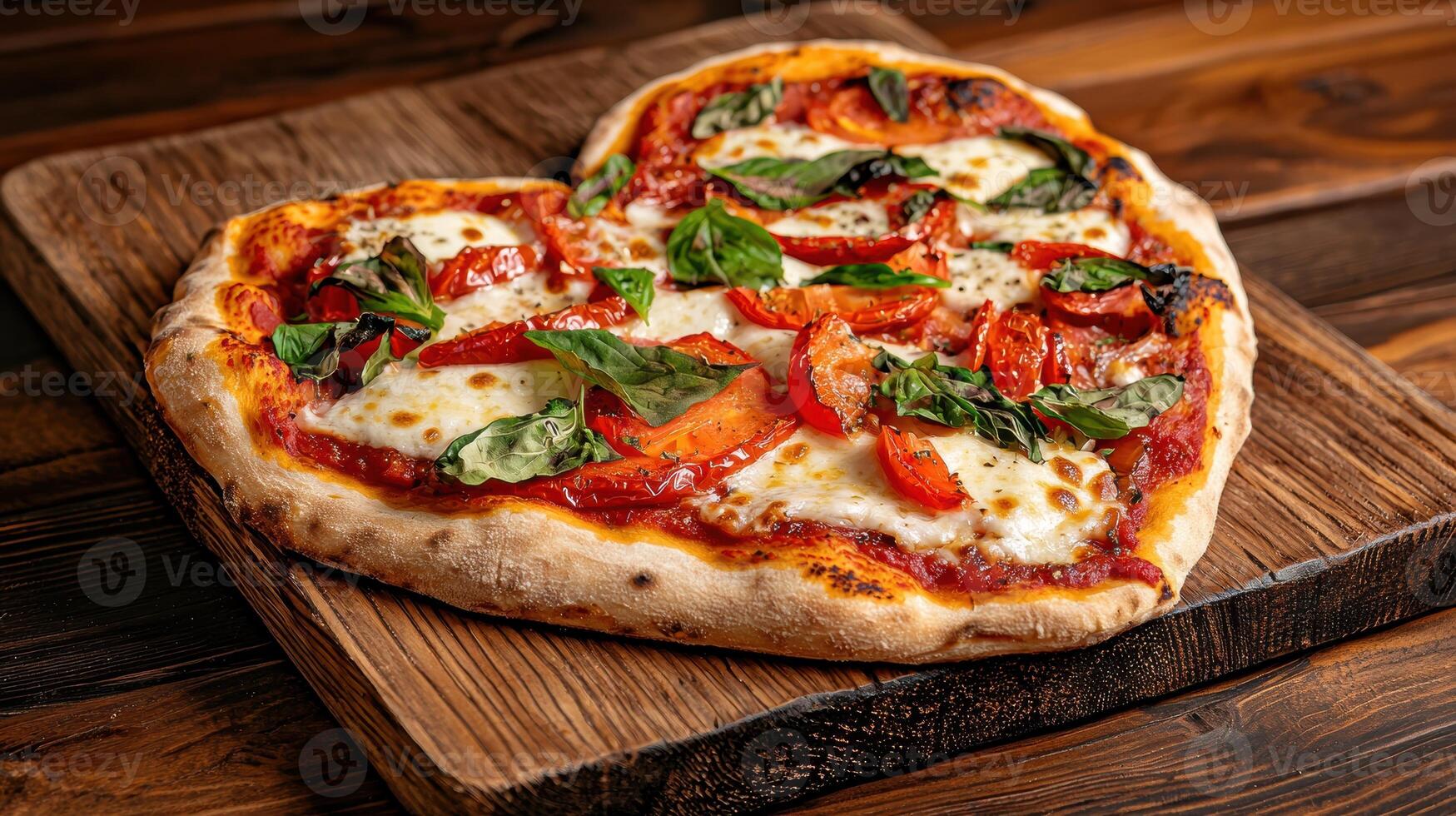 Heart shaped pizza with fresh basil and tomatoes photo