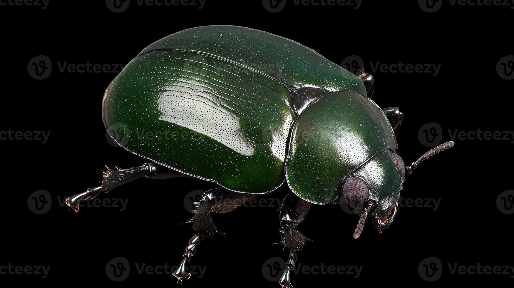 Close up of a vibrant green beetle on a black background photo