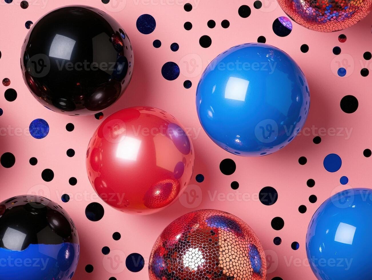 Colorful shiny spheres on pink background with polka dots photo