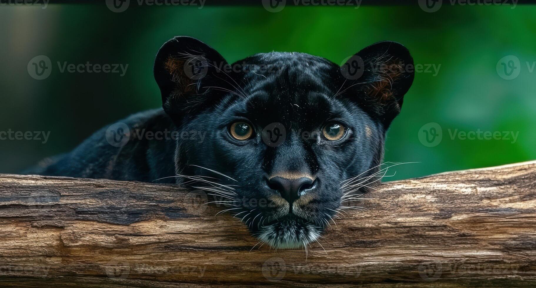 Close up of a black panther resting on a log photo
