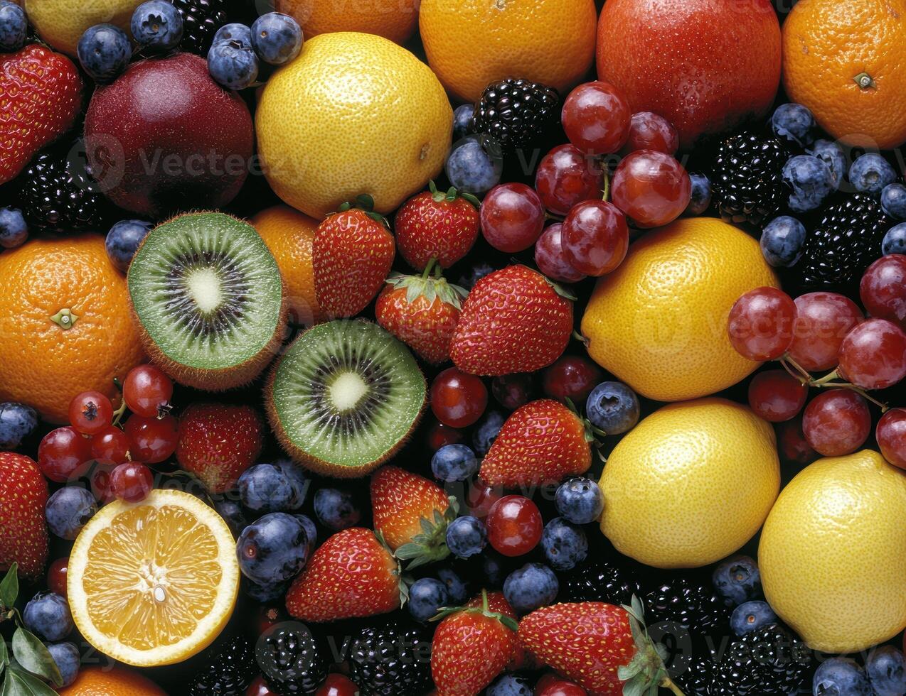 Close up of a vibrant mix of fresh fruits and berries photo