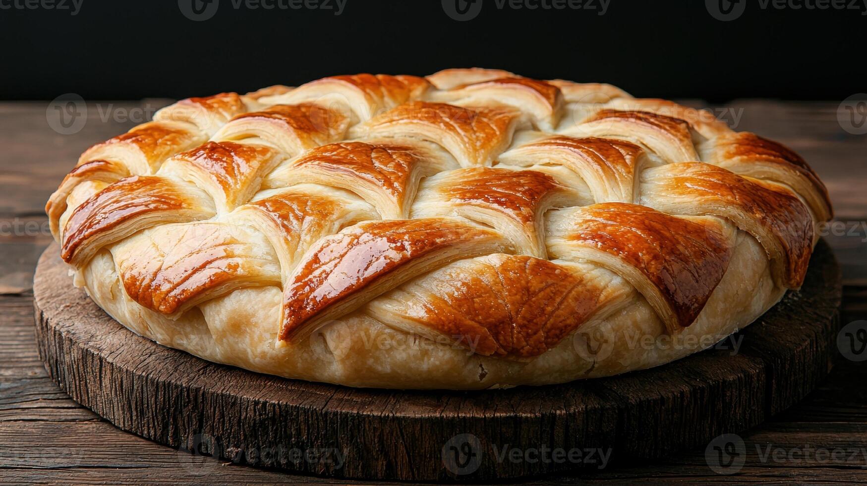 Delicious golden brown pastry pie with lattice top crust on wooden board photo