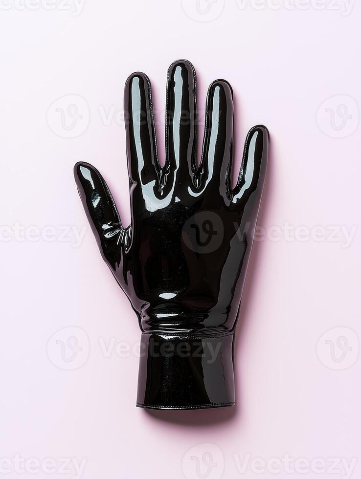 Black patent leather gloves on pink background photo