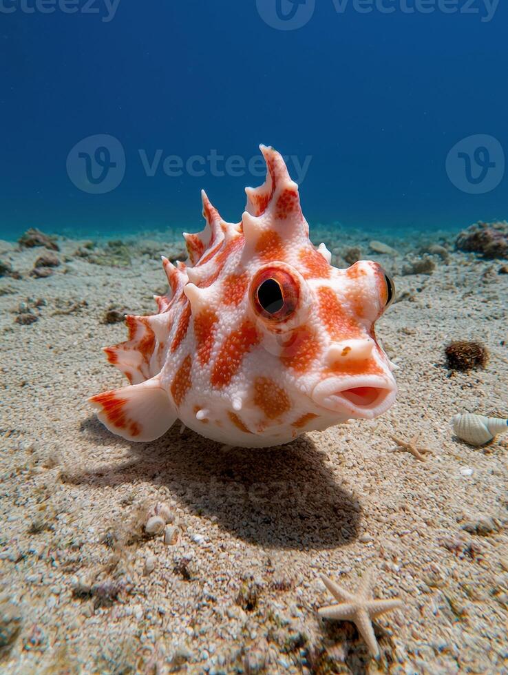 Close up of a vibrant orange and white fish on the ocean floor photo