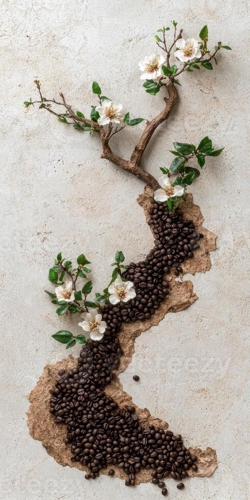 Coffee beans and white flowers arranged artfully on a textured background photo